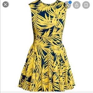 Yellow and navy blue palm tree patterned dress
